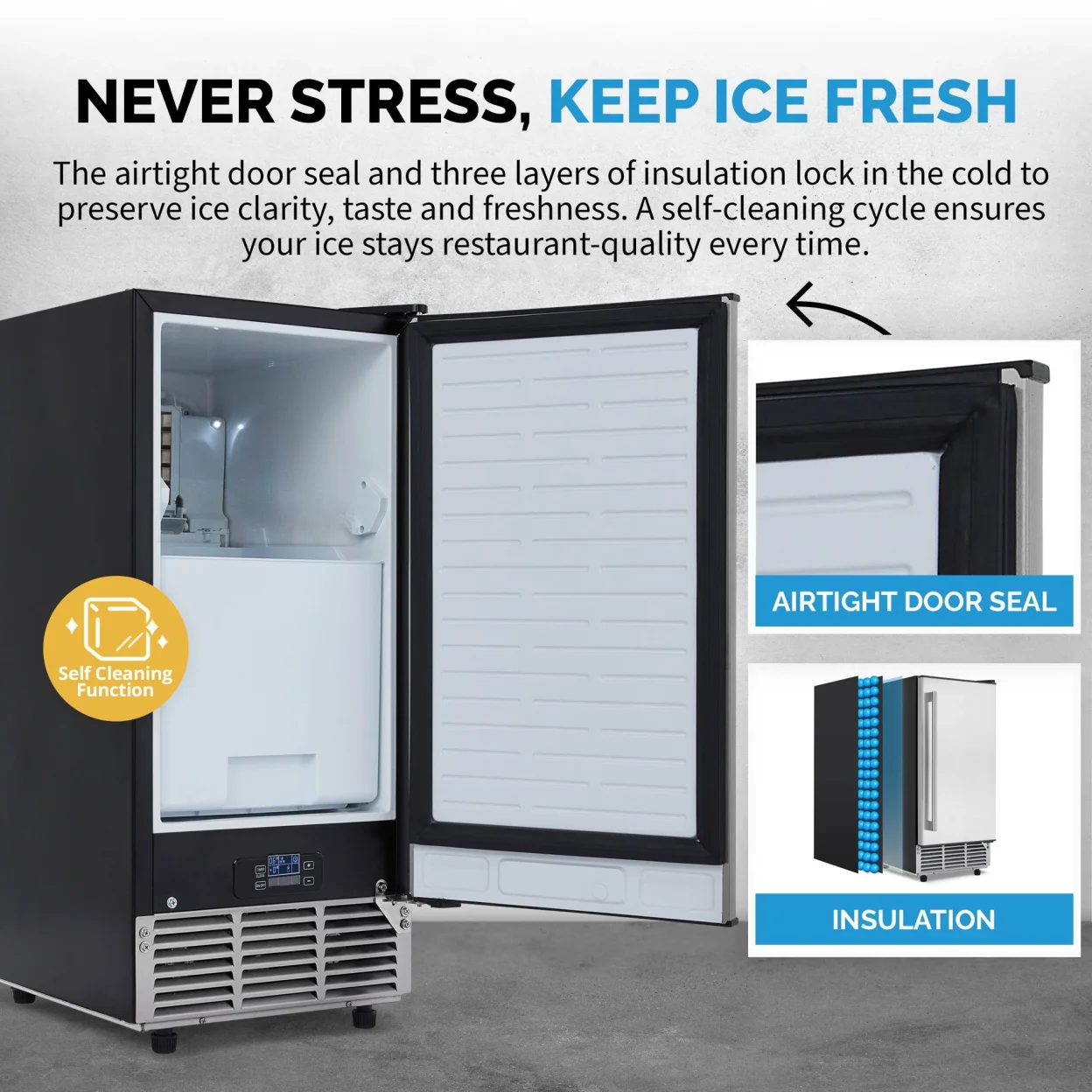 Newair 15” Undercounter 80lb lbs. Daily Clear Ice Cube Maker Machine, Built-in or Freestanding Design, 40 Cubes ready in 15-30 Mins, Fingerprint Resistant Door, Self-Cleaning Function, LED Controls, 24 Hr. Timer, Scoop Included, Ice Thickness Control