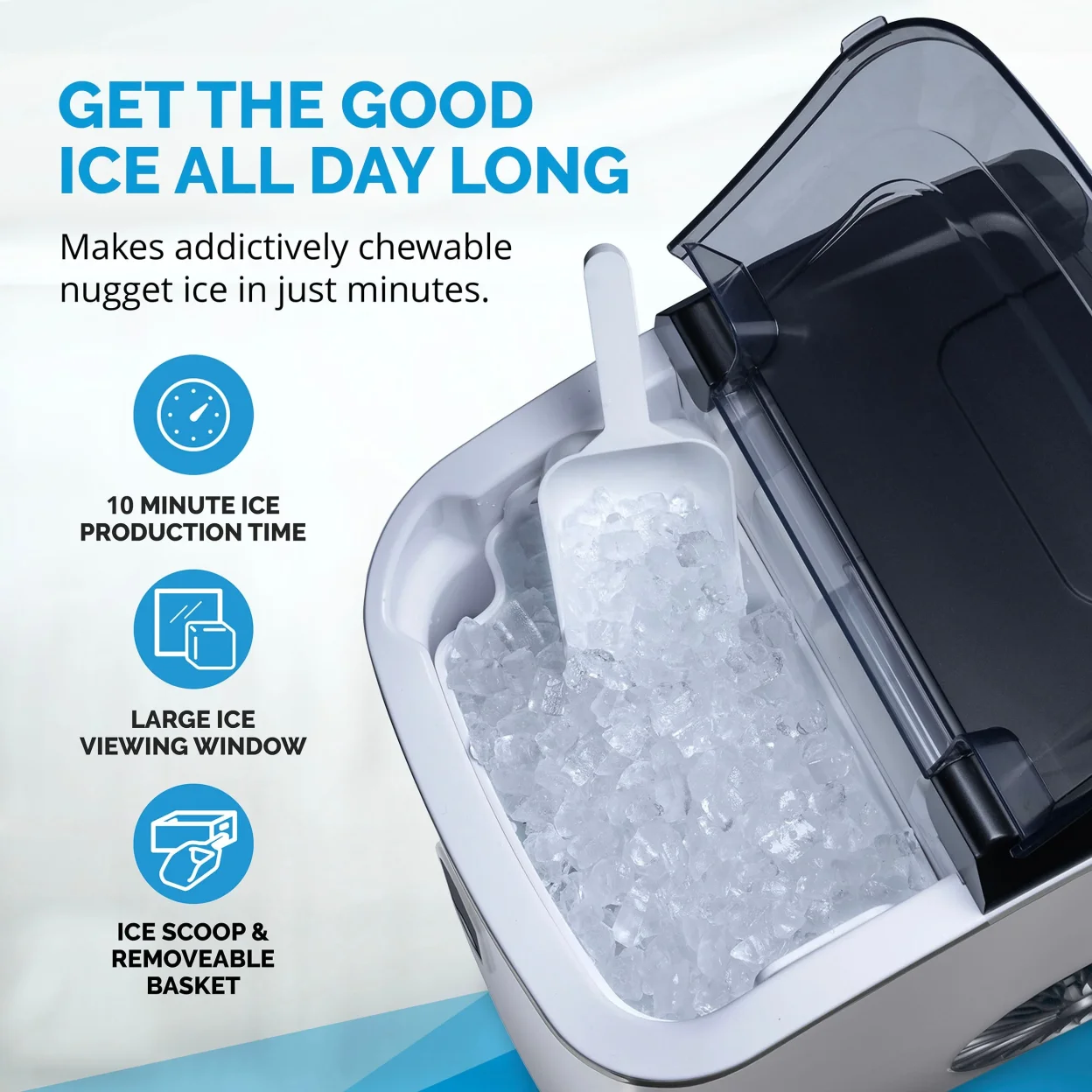 Newair 26 lbs. Countertop Nugget Ice Maker, Large Ice Viewing Window, Self-Cleaning Button and Easy-Pour Waterspout, Perfect for Cocktails, Smoothies, Soda and More