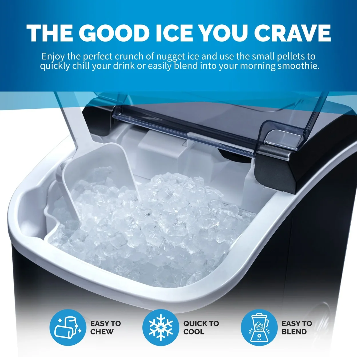Newair 26 lbs. Countertop Nugget Ice Maker, Large Ice Viewing Window, Self-Cleaning Button and Easy-Pour Waterspout, Perfect for Cocktails, Smoothies, Soda and More