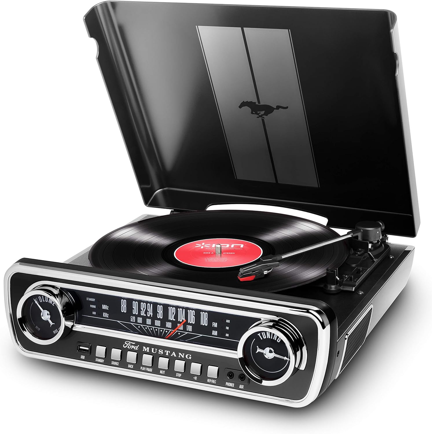 ION Mustang LP – 4-in-1 Vinyl Record Player/Turntable with Built In Speakers, Plus a Radio, USB Playback and Aux Input – Vibrant Red Finish (MUSTANGLPRED)