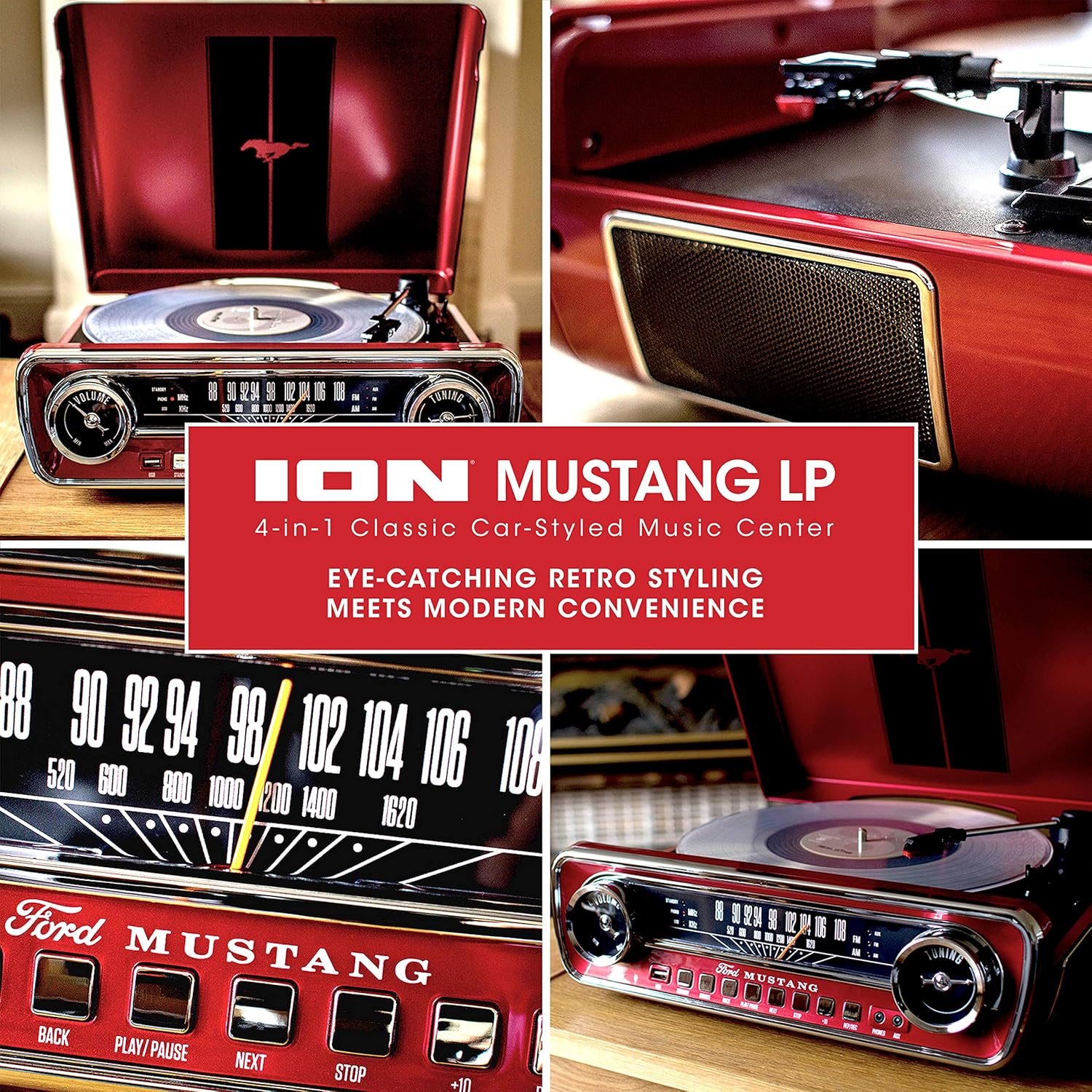 ION Mustang LP – 4-in-1 Vinyl Record Player/Turntable with Built In Speakers, Plus a Radio, USB Playback and Aux Input – Vibrant Red Finish (MUSTANGLPRED)