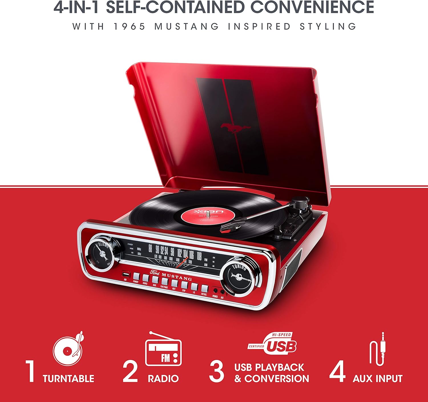 ION Mustang LP – 4-in-1 Vinyl Record Player/Turntable with Built In Speakers, Plus a Radio, USB Playback and Aux Input – Vibrant Red Finish (MUSTANGLPRED)