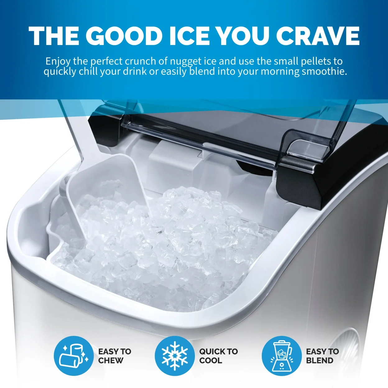 Newair 26 lbs. Countertop Nugget Ice Maker, Large Ice Viewing Window, Self-Cleaning Button and Easy-Pour Waterspout, Perfect for Cocktails, Smoothies, Soda and More