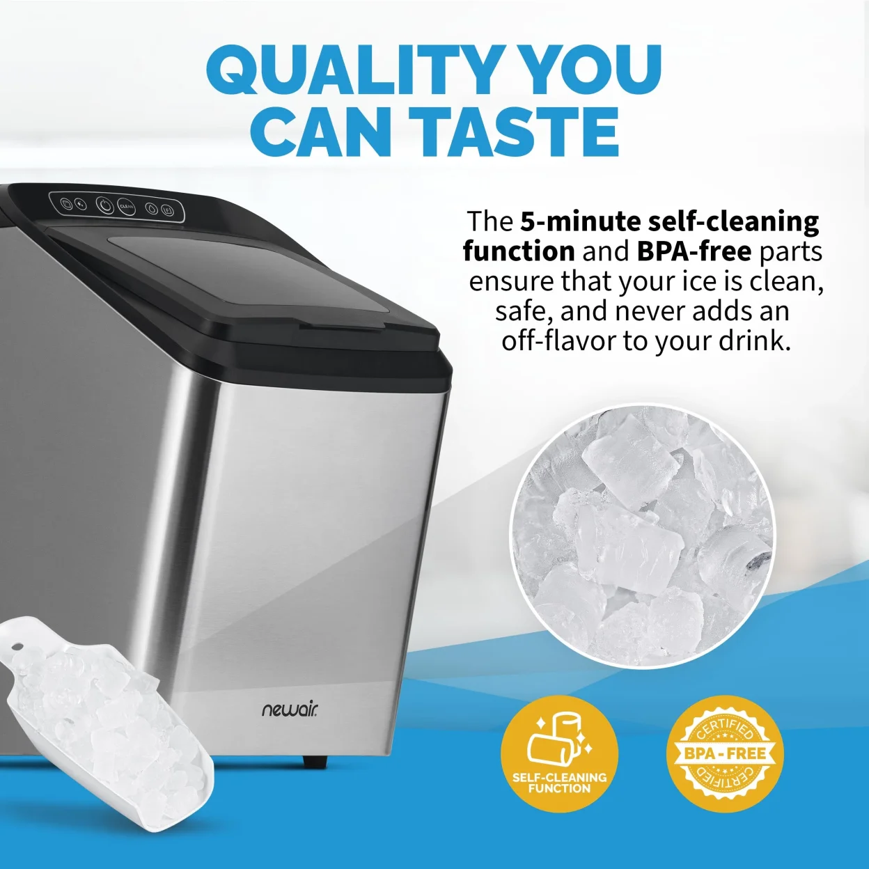 Newair 30 Lb. Countertop Nugget Ice Maker with Slim, Space-Saving Design, Self-Cleaning Function, Automatic Water Line and Refillable Water Tank, Perfect for Kitchens, Offices, Boats, and More
