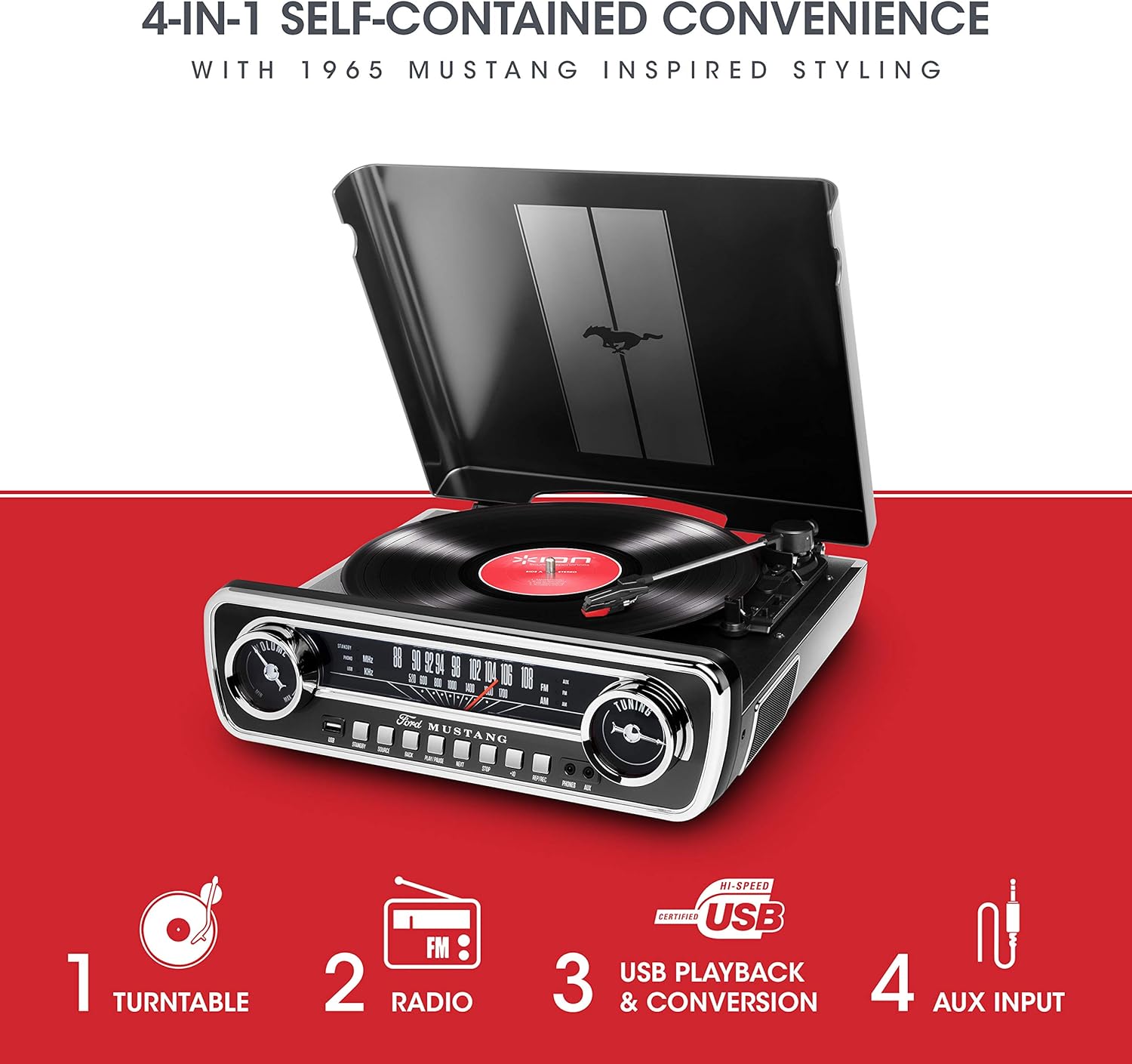 ION Mustang LP – 4-in-1 Vinyl Record Player/Turntable with Built In Speakers, Plus a Radio, USB Playback and Aux Input – Vibrant Red Finish (MUSTANGLPRED)