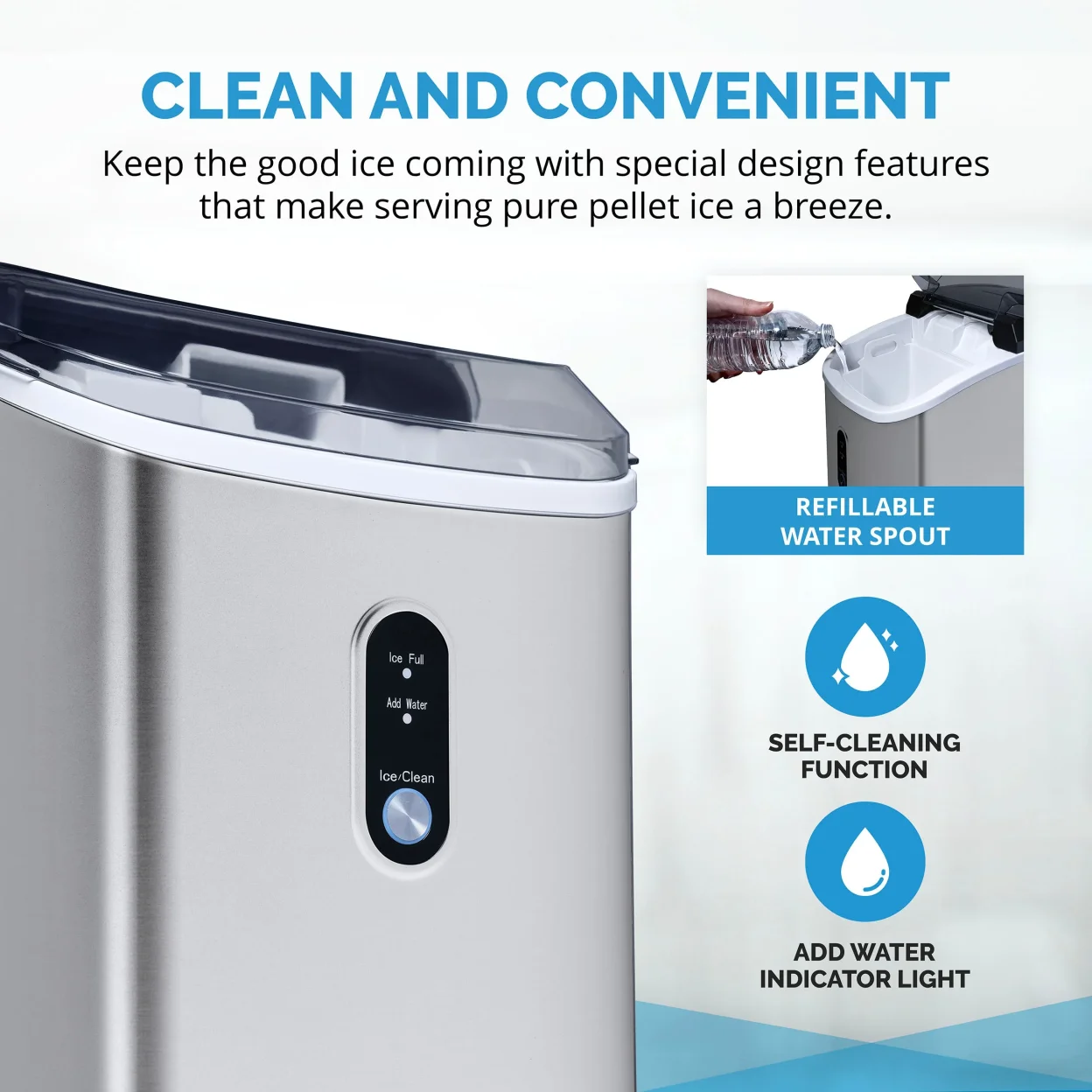 Newair 26 lbs. Countertop Nugget Ice Maker, Large Ice Viewing Window, Self-Cleaning Button and Easy-Pour Waterspout, Perfect for Cocktails, Smoothies, Soda and More