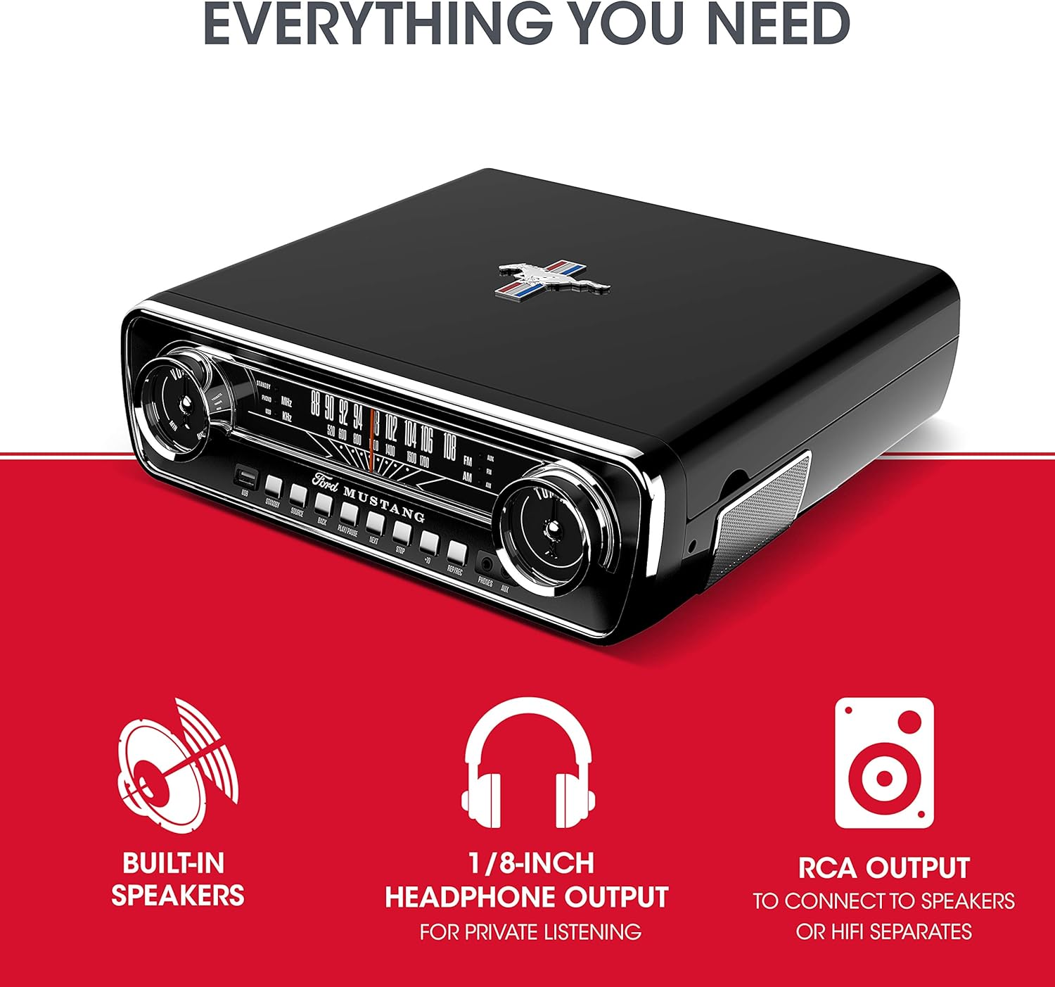 ION Mustang LP – 4-in-1 Vinyl Record Player/Turntable with Built In Speakers, Plus a Radio, USB Playback and Aux Input – Vibrant Red Finish (MUSTANGLPRED)
