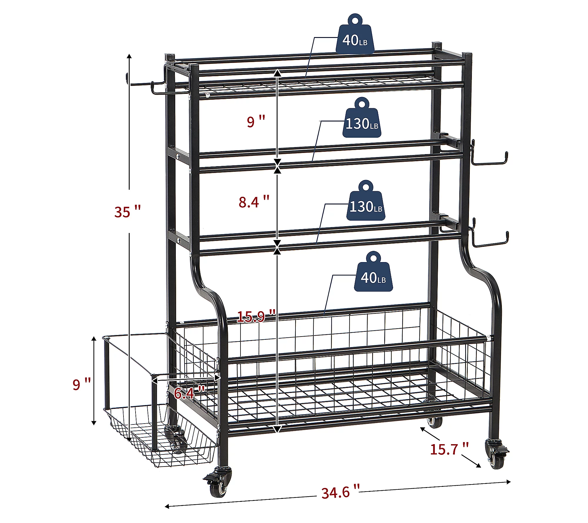 LUGO Heavy-Duty Dumbbell Storage Rack with Wheels and Hooks