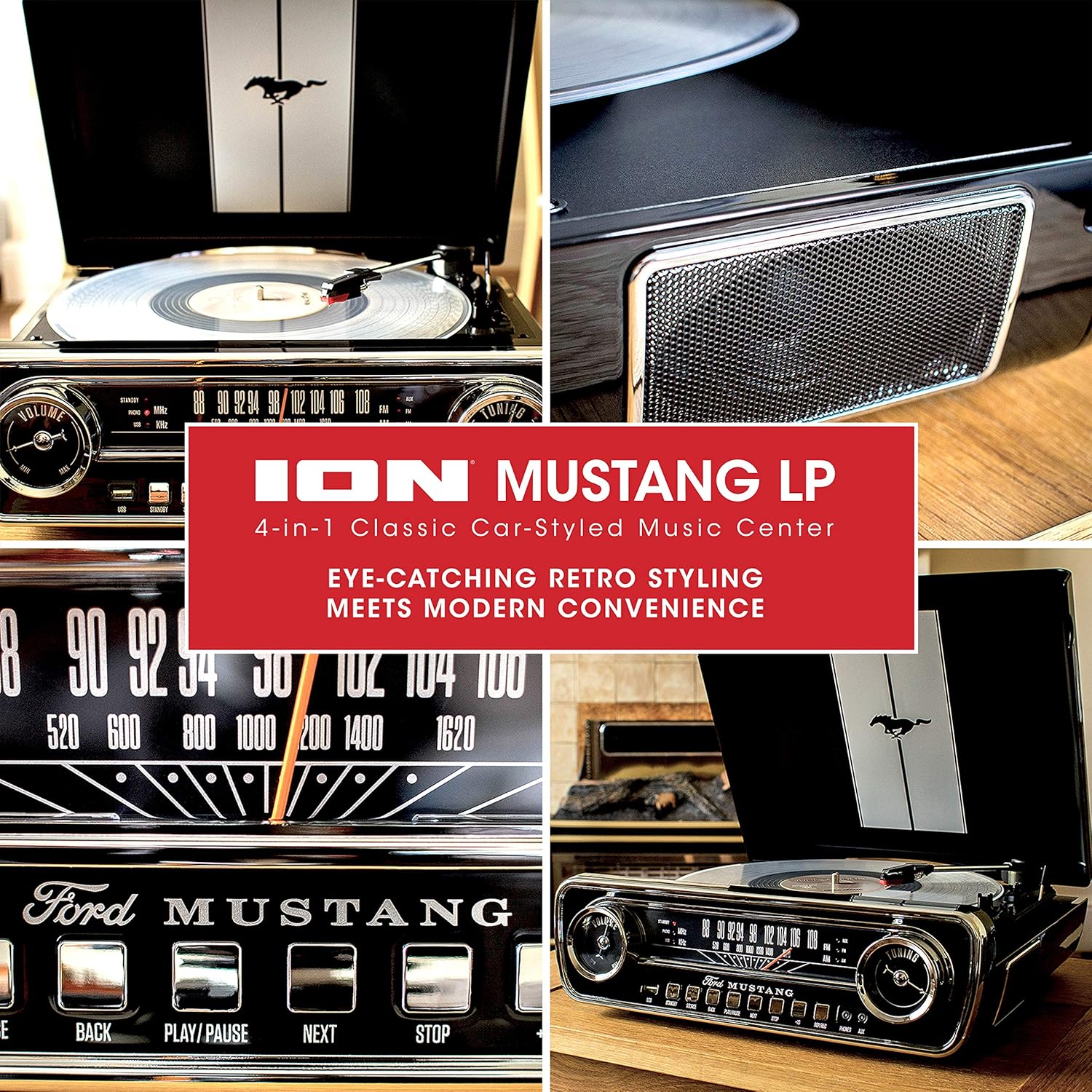 ION Mustang LP – 4-in-1 Vinyl Record Player/Turntable with Built In Speakers, Plus a Radio, USB Playback and Aux Input – Vibrant Red Finish (MUSTANGLPRED)