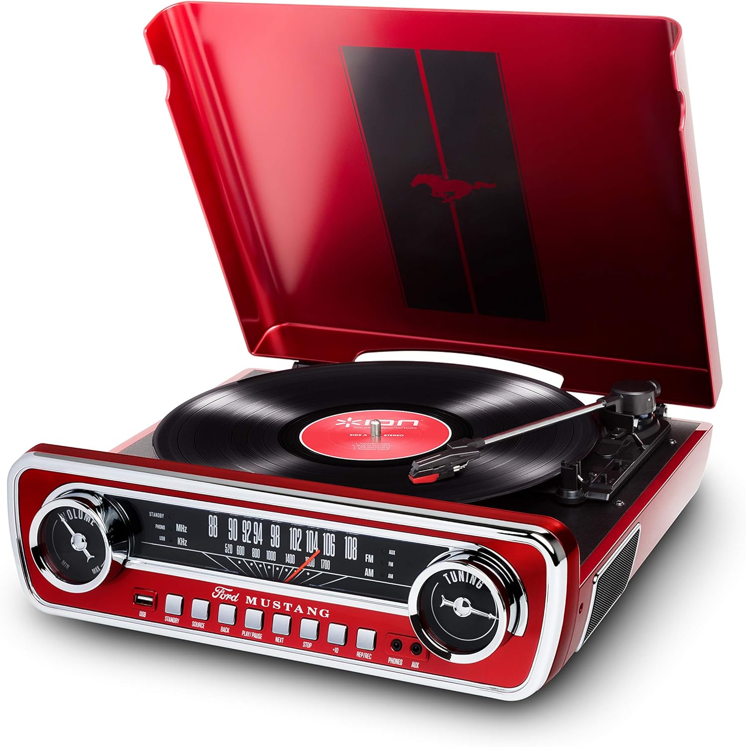 ION Mustang LP – 4-in-1 Vinyl Record Player/Turntable with Built In Speakers, Plus a Radio, USB Playback and Aux Input – Vibrant Red Finish (MUSTANGLPRED)