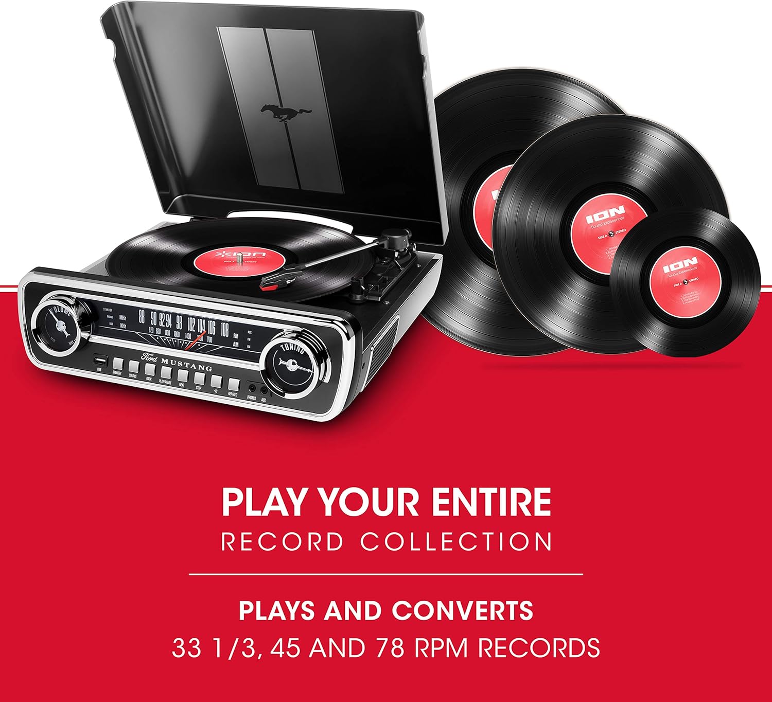 ION Mustang LP – 4-in-1 Vinyl Record Player/Turntable with Built In Speakers, Plus a Radio, USB Playback and Aux Input – Vibrant Red Finish (MUSTANGLPRED)