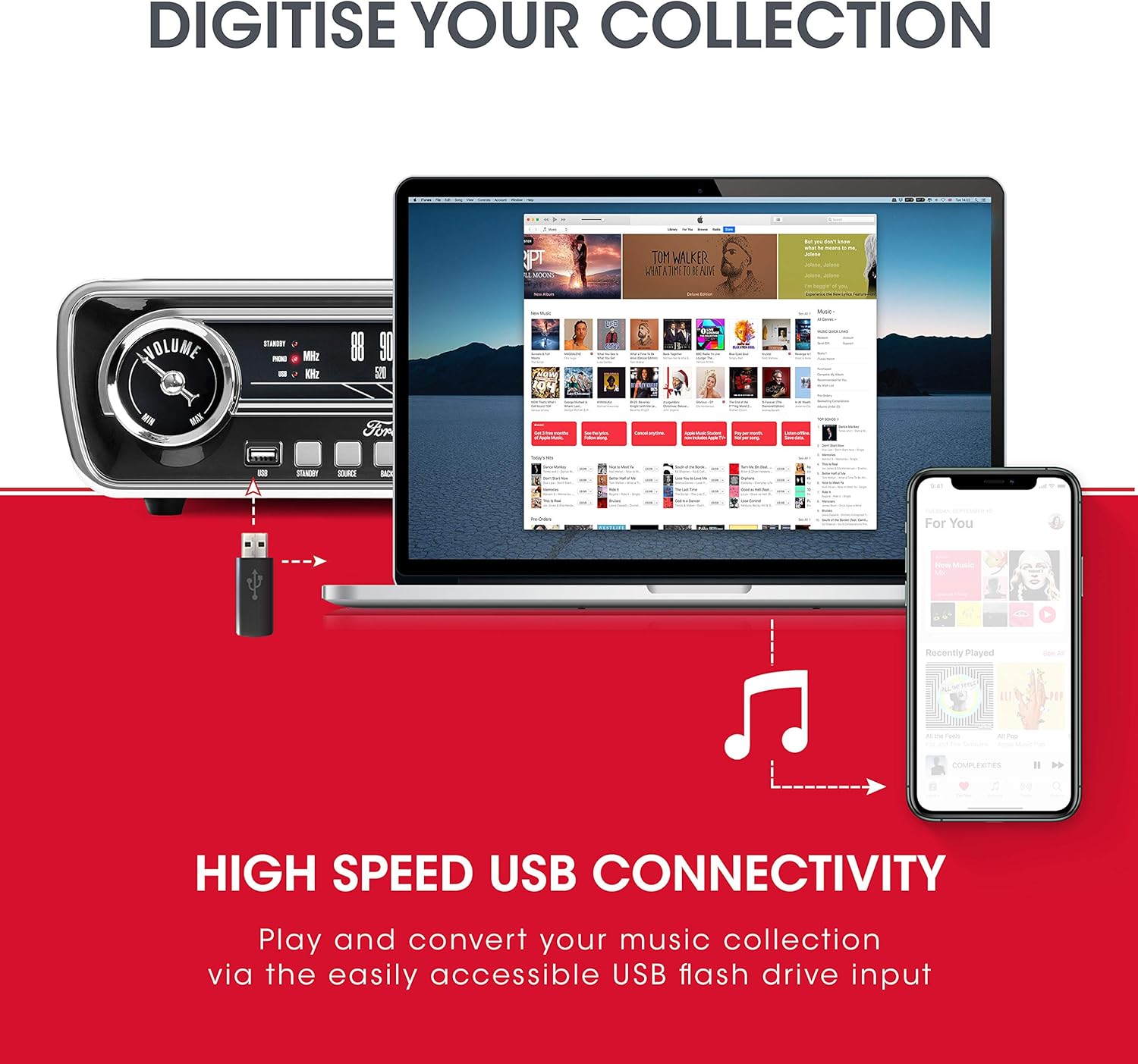 ION Mustang LP – 4-in-1 Vinyl Record Player/Turntable with Built In Speakers, Plus a Radio, USB Playback and Aux Input – Vibrant Red Finish (MUSTANGLPRED)