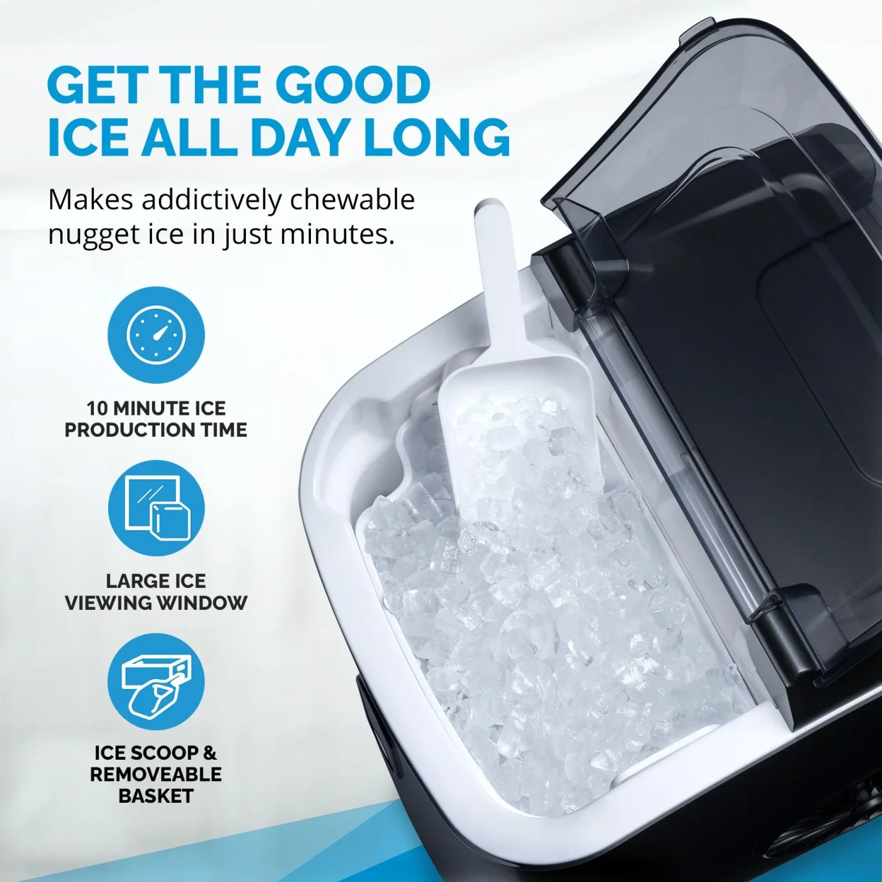 Newair 26 lbs. Countertop Nugget Ice Maker, Large Ice Viewing Window, Self-Cleaning Button and Easy-Pour Waterspout, Perfect for Cocktails, Smoothies, Soda and More